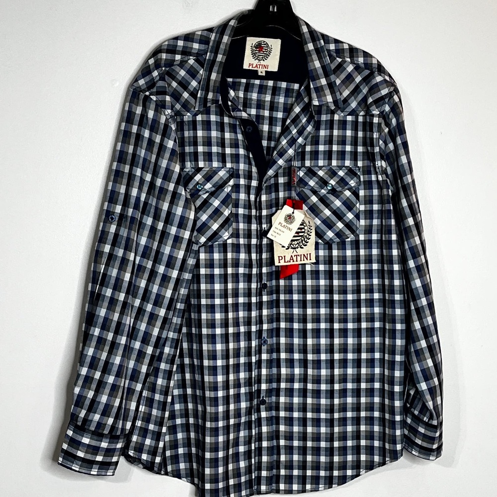 NWT Platini Blue Gray White Plaid Men’s Cougar Shirt Size XL